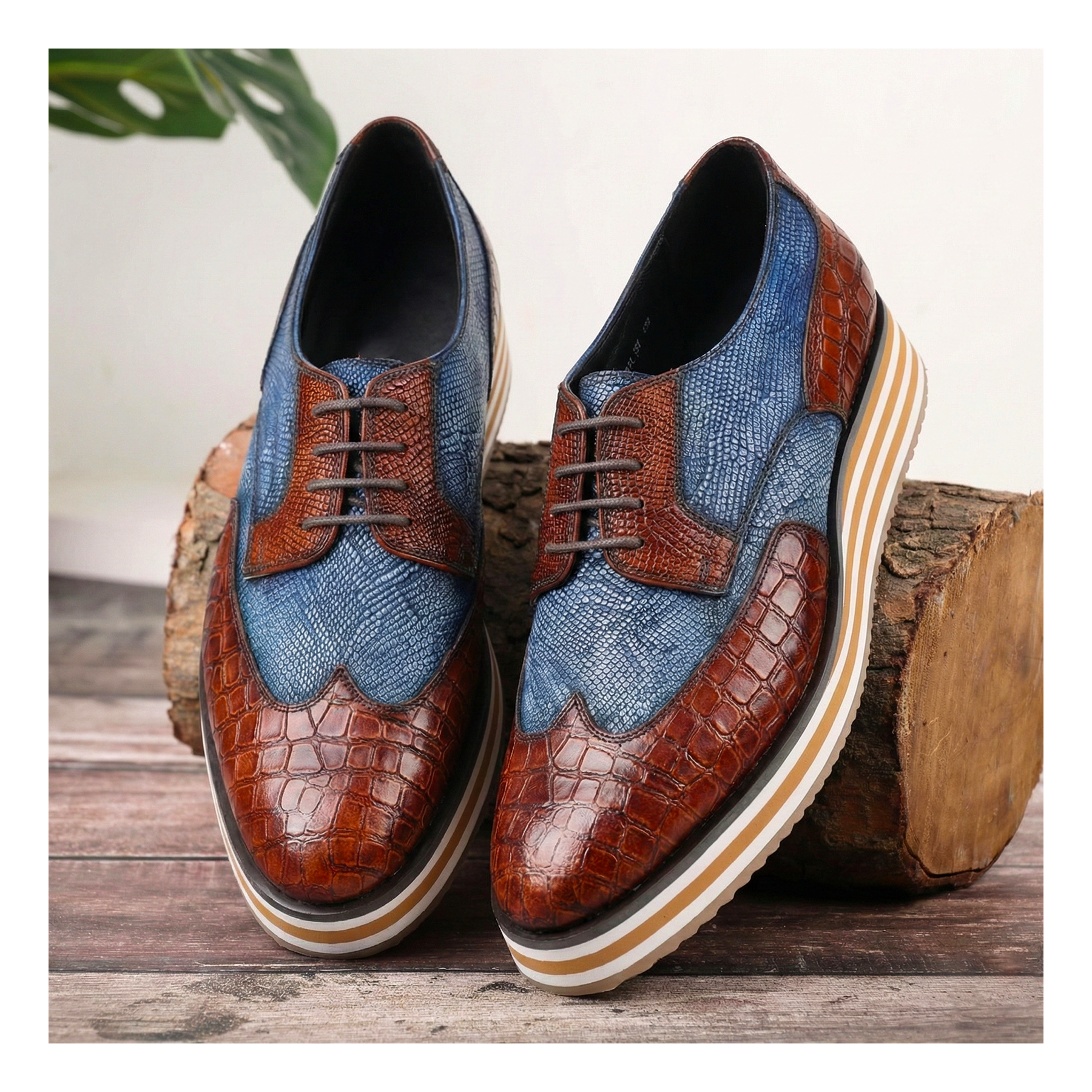 Wingtip Sneakers- Crocs Brown & Blue | Lethato STANDARD / US 9.5-10 / UK 9 / Croc Brown & Blue Wingtip Sneakers- Crocs Brown & Blue | Lethato STANDARD / US 9.5-10 / UK 9 / Croc Brown & Blue