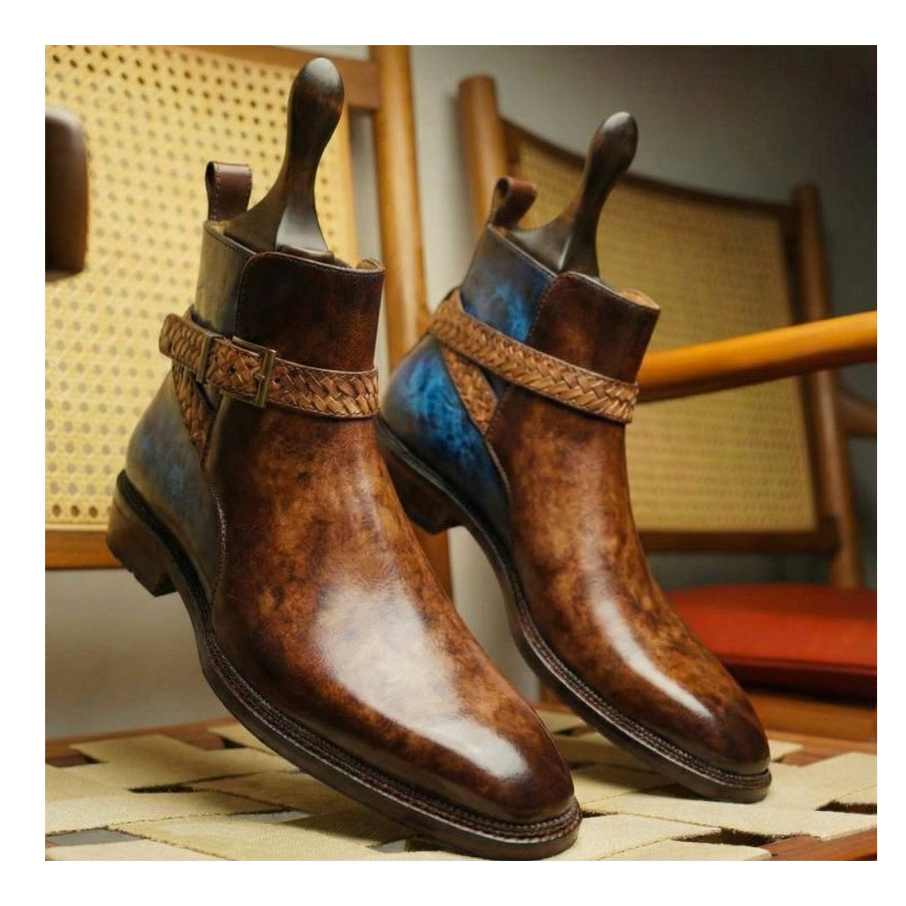 Men's Cross Strap Boots- Brown & Blue
