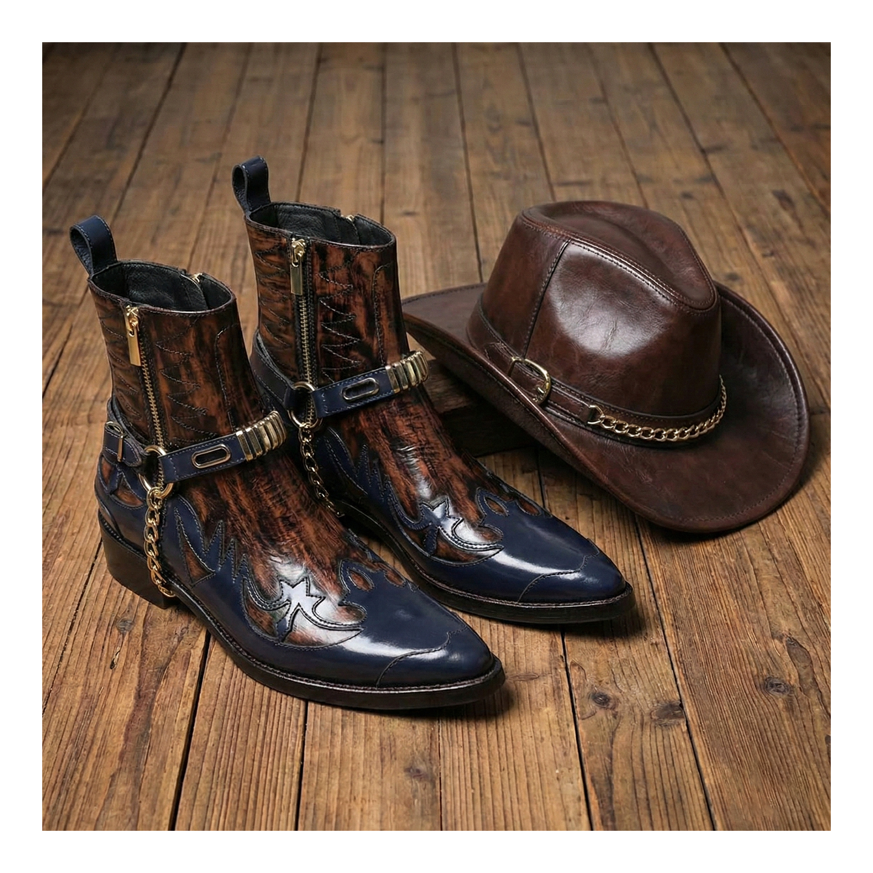 Men's Harness Boots- Navy & Brown | Lethato