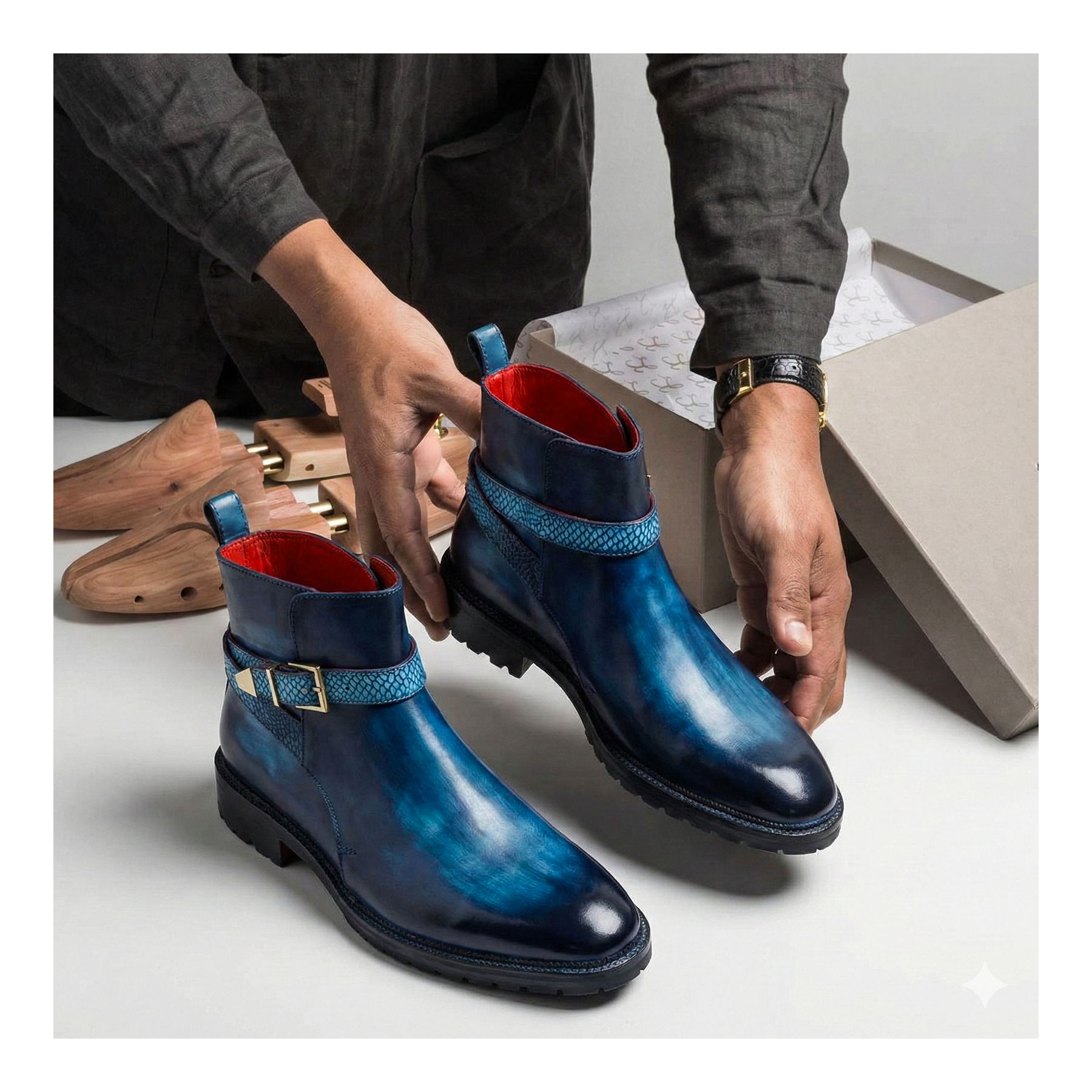 Mens Cross Strap Boots- Navy | Lethato