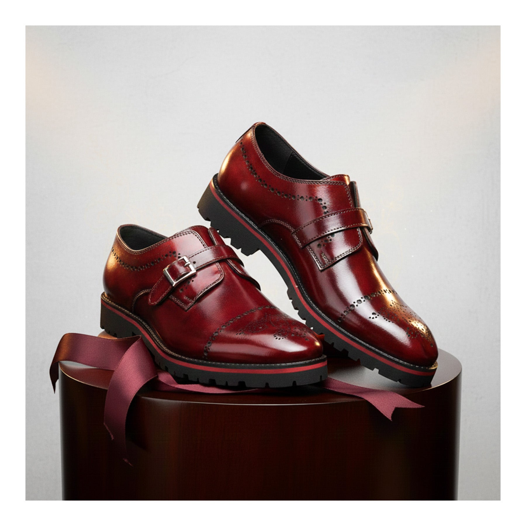 Men's Medallion Toe Single Monk Strap Shoes - Wine Red by Lethato STANDARD / US 8.5-9 / UK 8 / Wine Red Men's Medallion Toe Single Monk Strap Shoes - Wine Red by Lethato STANDARD / US 8.5-9 / UK 8 / Wine Red