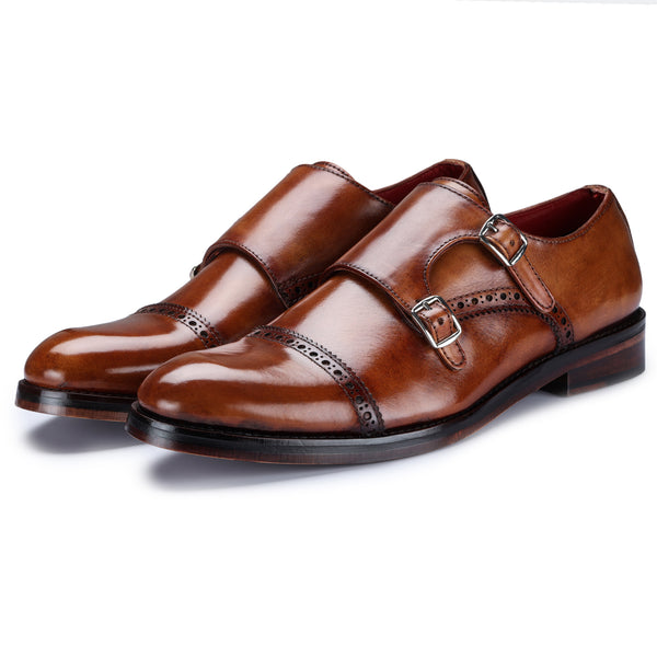 Men's Captoe Double MonkStrap Shoes - Brown by Lethato