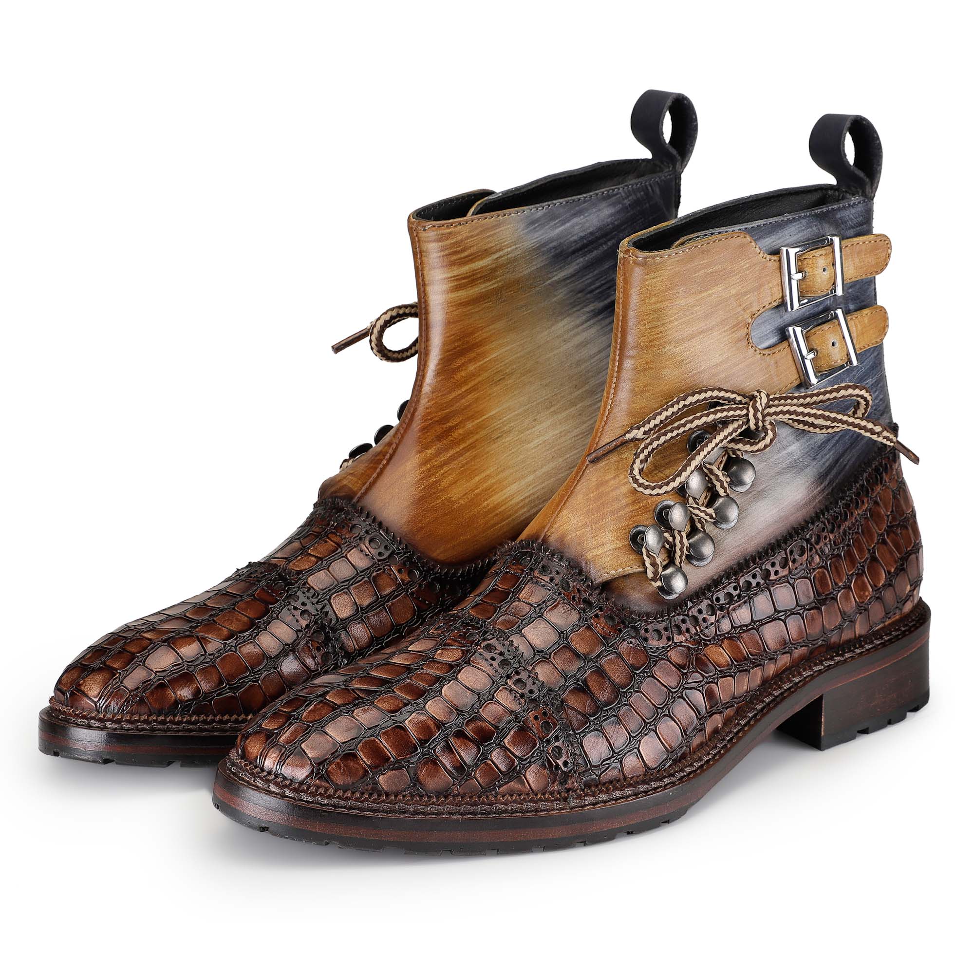Men Latest Cap Toe and Heel Fancy Fabric Italian Leather Boots, botas de  hombre 