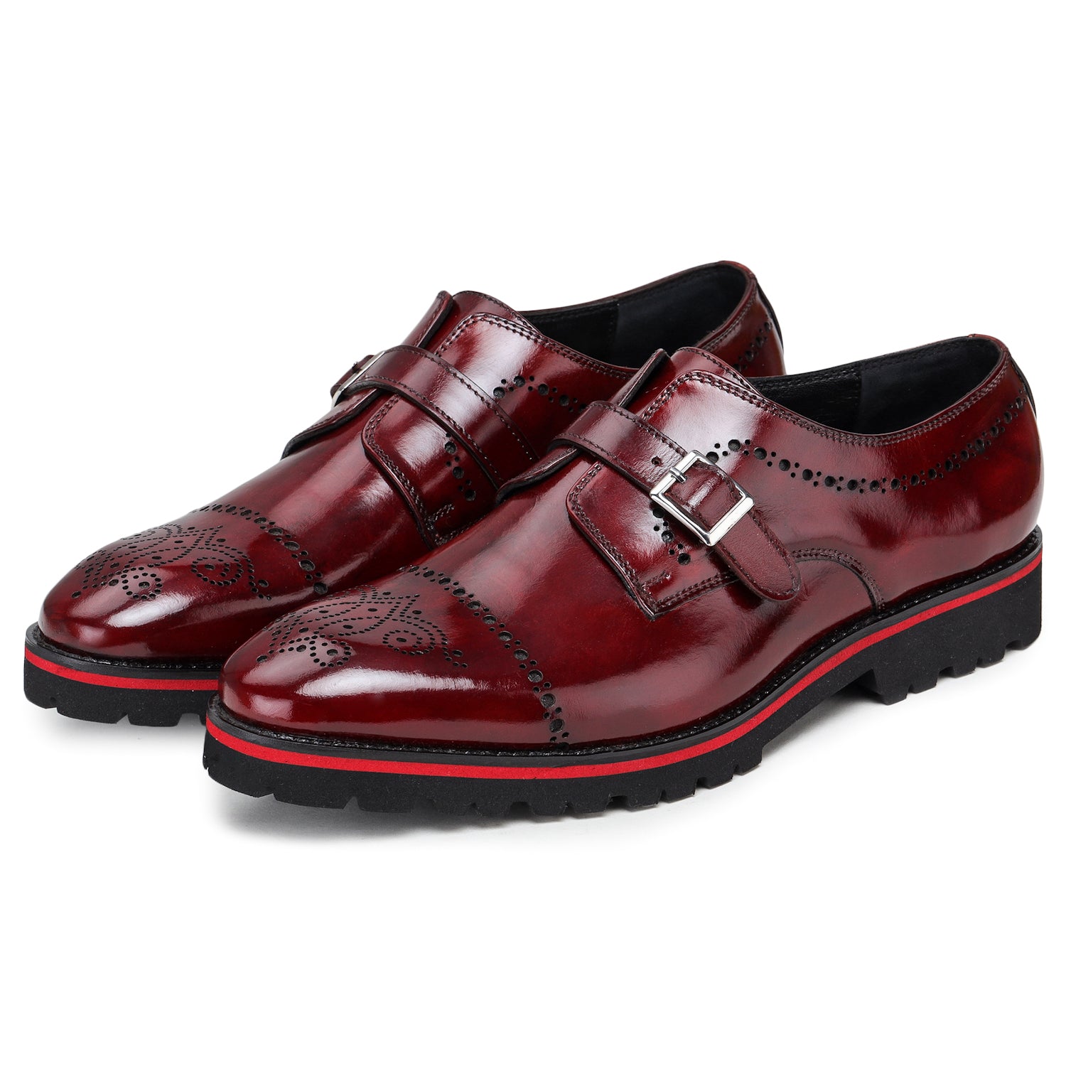 Men's Medallion Toe Single Monk Strap Shoes - Wine Red by Lethato