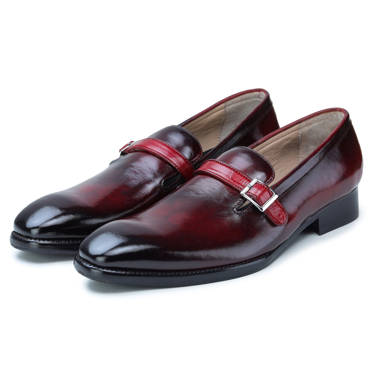 Men's Single Monk Strap Loafers - Wine Red by Lethato