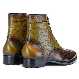 Wingtip Lace Up Boots- Croc Olive