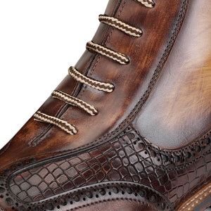Plain Toe Lace up Boots with Zipper - Brown