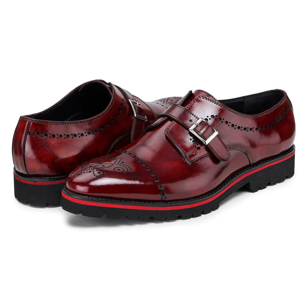 Men's Medallion Toe Single Monk Strap Shoes - Wine Red by Lethato