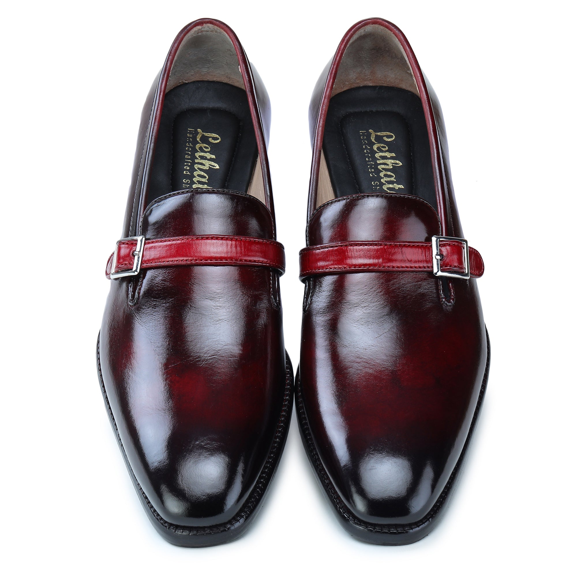 Men's Single Monk Strap Loafers - Wine Red by Lethato