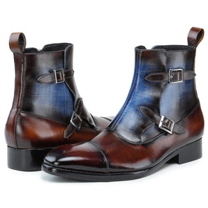 Captoe Double Monk Strap Zipper Boots - Brown & Blue
