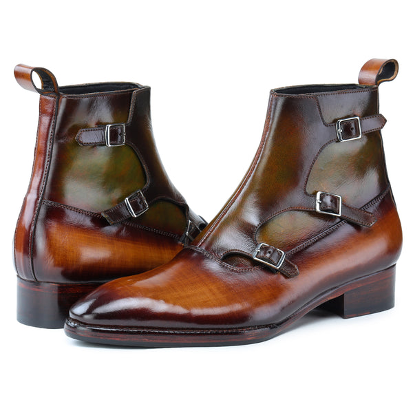 Triple Monk Strap Boots - Tan & Olive | Lethato